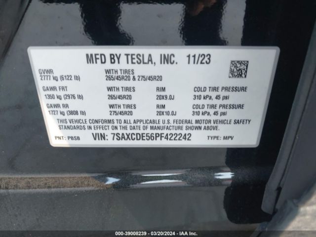 Photo 8 VIN: 7SAXCDE56PF422242 - TESLA MODEL X 