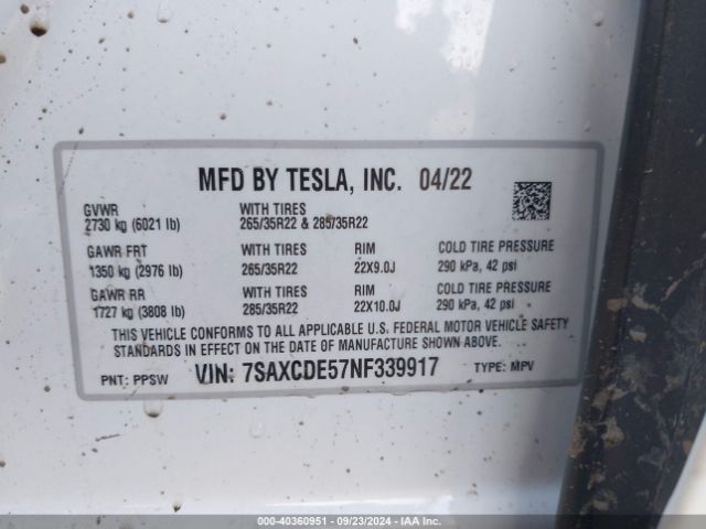 Photo 8 VIN: 7SAXCDE57NF339917 - TESLA MODEL X 