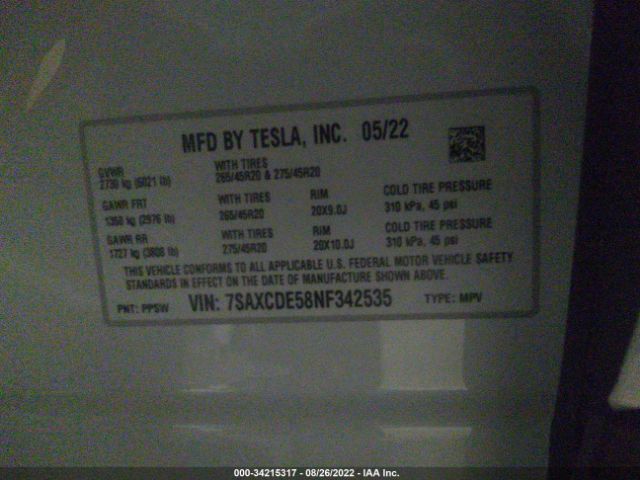 Photo 8 VIN: 7SAXCDE58NF342535 - TESLA MODEL X 