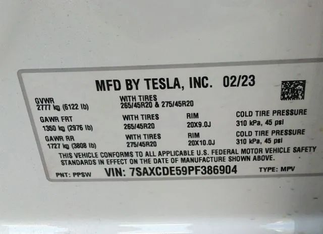 Photo 8 VIN: 7SAXCDE59PF386904 - TESLA MODEL X 