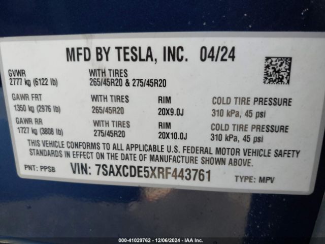 Photo 8 VIN: 7SAXCDE5XRF443761 - TESLA MODEL X 