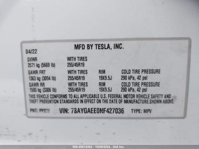 Photo 8 VIN: 7SAYGAEE0NF427036 - TESLA MODEL Y 