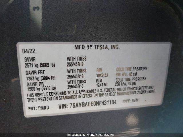 Photo 8 VIN: 7SAYGAEE0NF431104 - TESLA MODEL Y 