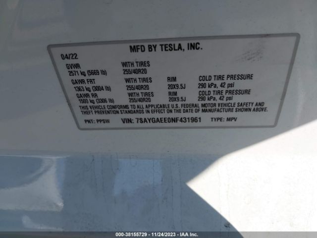 Photo 8 VIN: 7SAYGAEE0NF431961 - TESLA MODEL Y 