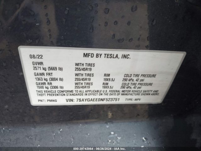 Photo 8 VIN: 7SAYGAEE0NF523751 - TESLA MODEL Y 