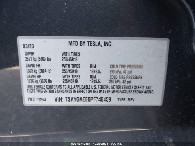 Photo 8 VIN: 7SAYGAEE0PF740459 - TESLA MODEL Y 