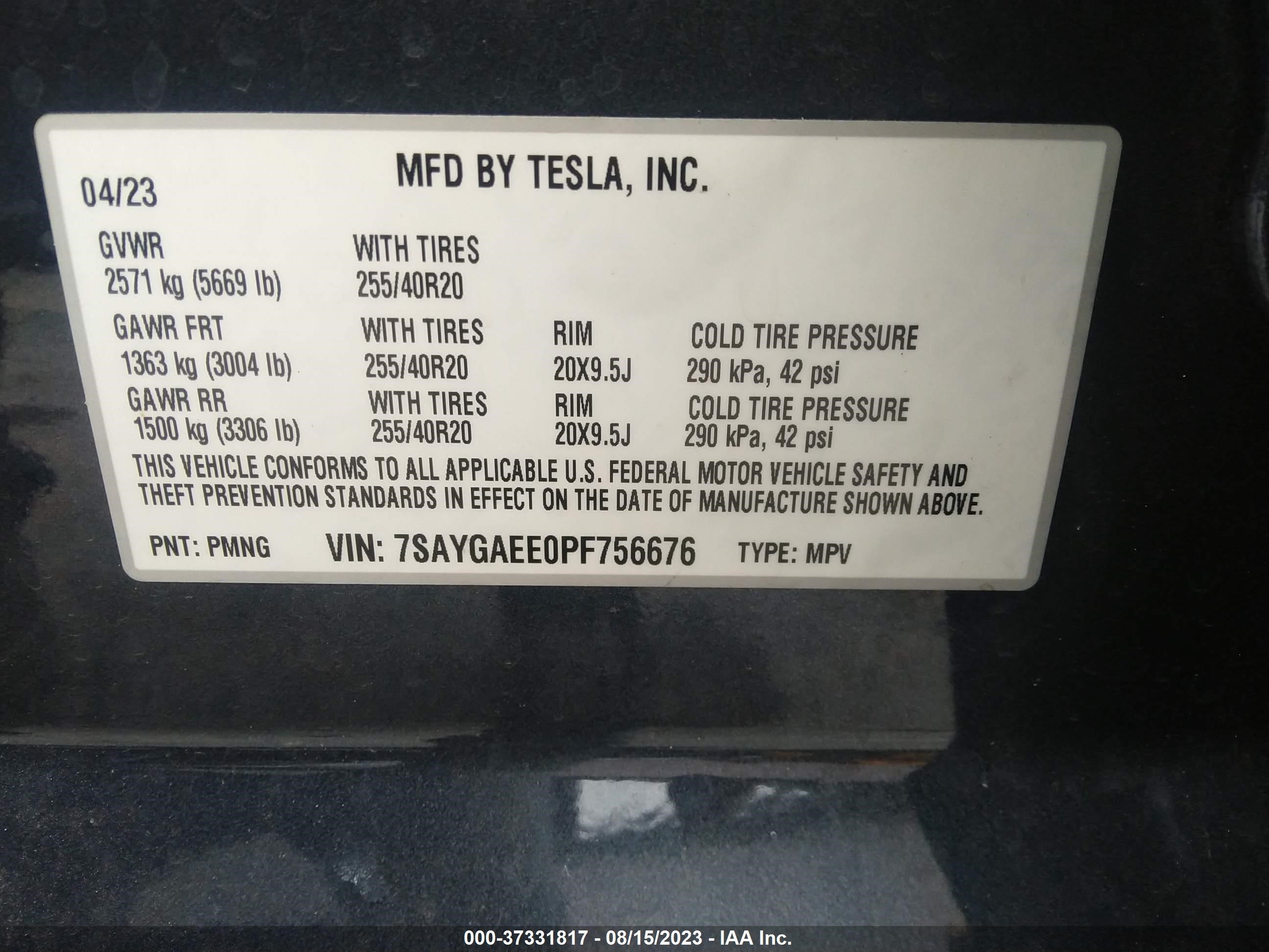 Photo 8 VIN: 7SAYGAEE0PF756676 - TESLA MODEL Y 