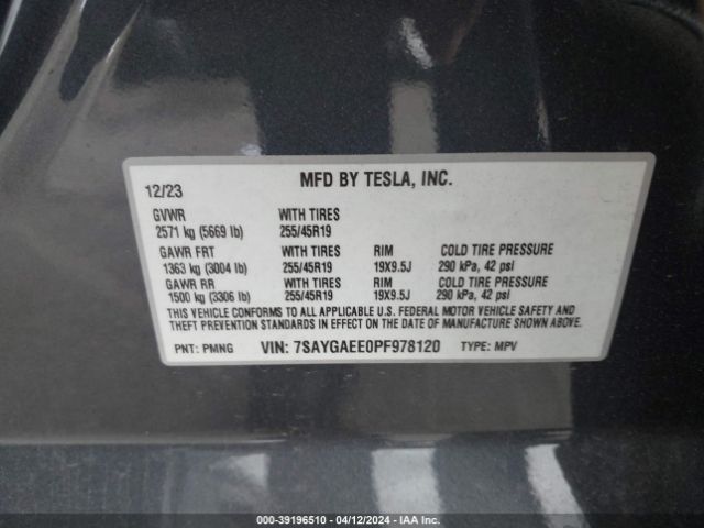 Photo 8 VIN: 7SAYGAEE0PF978120 - TESLA MODEL Y 