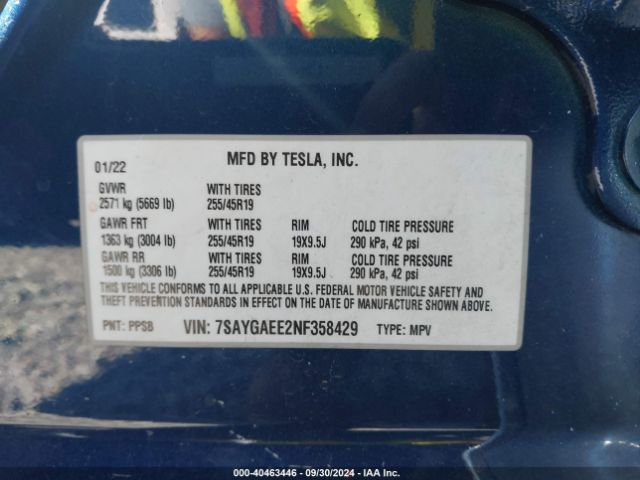 Photo 8 VIN: 7SAYGAEE2NF358429 - TESLA MODEL Y 