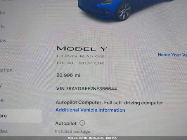 Photo 6 VIN: 7SAYGAEE2NF366644 - TESLA MODEL Y 