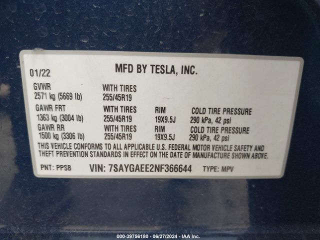 Photo 8 VIN: 7SAYGAEE2NF366644 - TESLA MODEL Y 