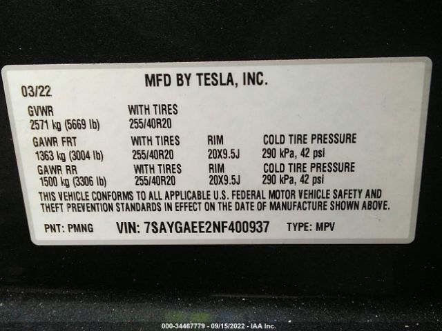 Photo 8 VIN: 7SAYGAEE2NF400937 - TESLA MODEL Y 