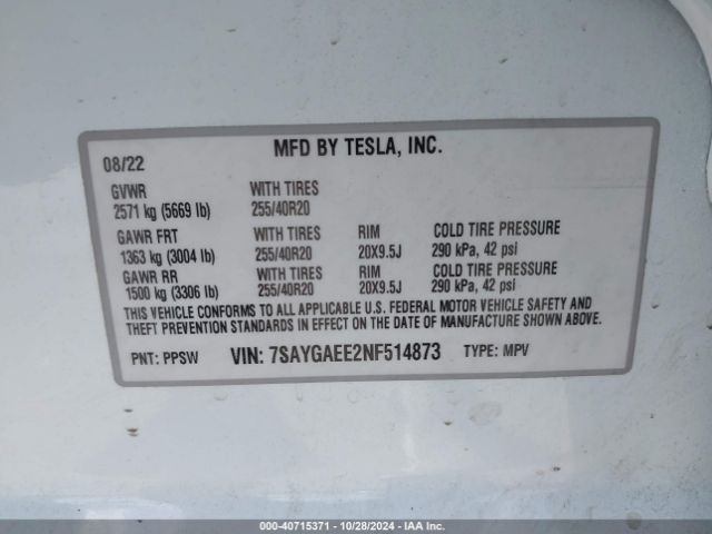 Photo 8 VIN: 7SAYGAEE2NF514873 - TESLA MODEL Y 