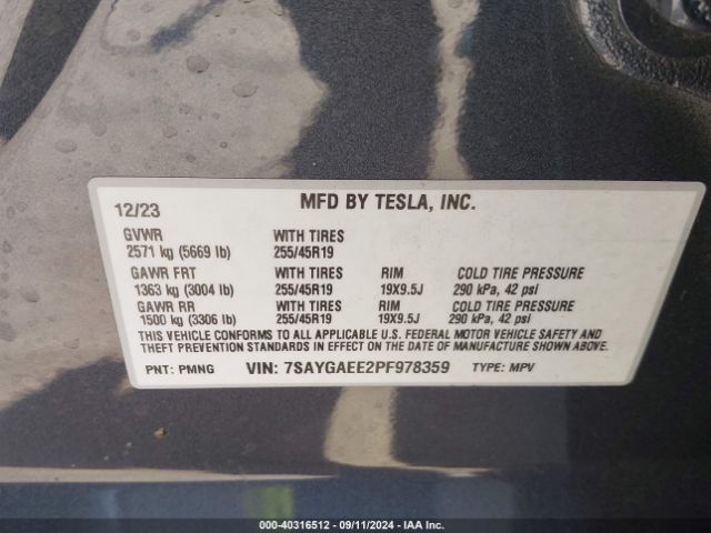 Photo 8 VIN: 7SAYGAEE2PF978359 - TESLA MODEL Y 