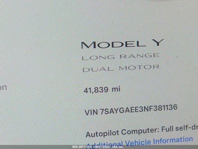 Photo 6 VIN: 7SAYGAEE3NF381136 - TESLA MODEL Y 