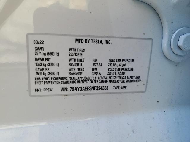 Photo 9 VIN: 7SAYGAEE3NF394338 - TESLA MODEL Y 