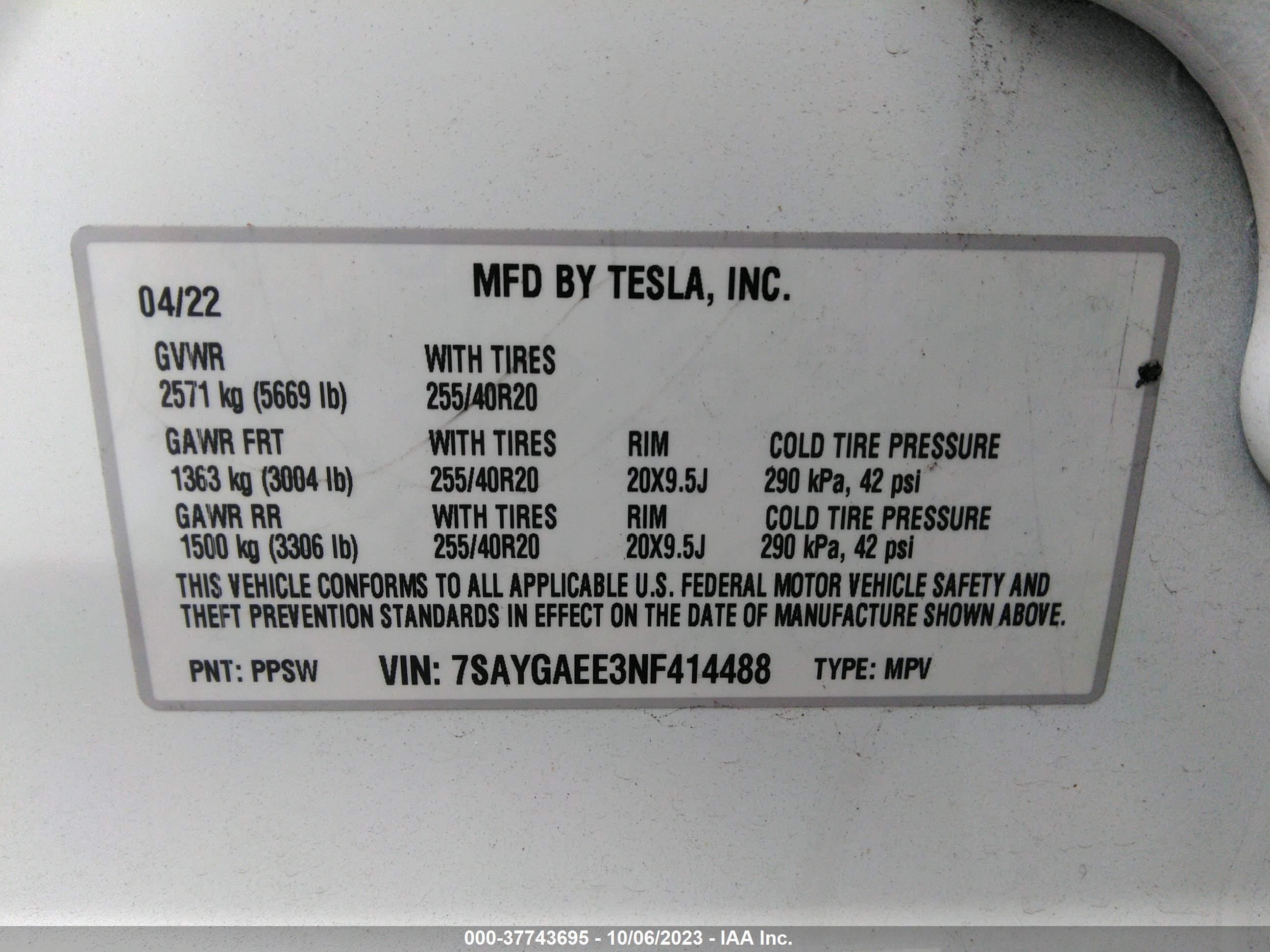 Photo 8 VIN: 7SAYGAEE3NF414488 - TESLA MODEL Y 