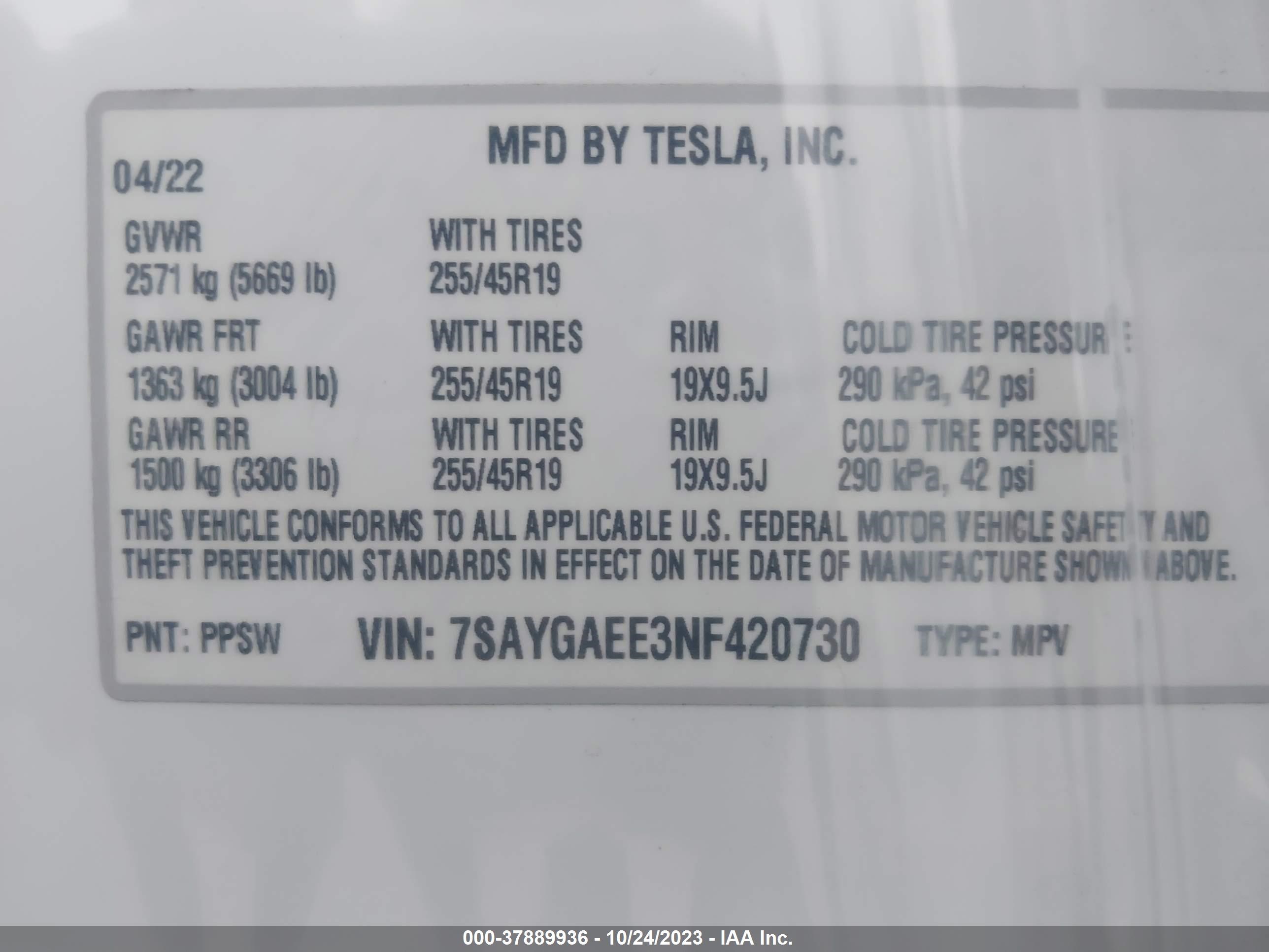 Photo 7 VIN: 7SAYGAEE3NF420730 - TESLA MODEL Y 