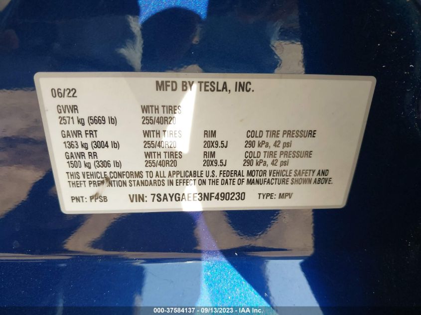 Photo 8 VIN: 7SAYGAEE3NF490230 - TESLA MODEL Y 