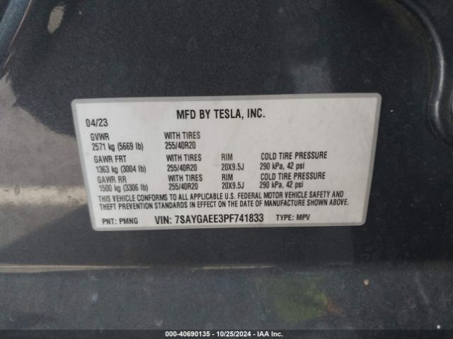 Photo 8 VIN: 7SAYGAEE3PF741833 - TESLA MODEL Y 