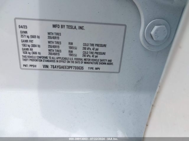 Photo 8 VIN: 7SAYGAEE3PF755635 - TESLA MODEL Y 