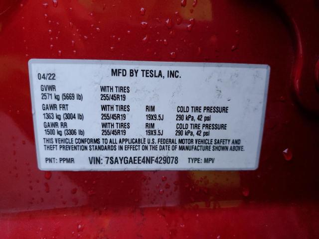 Photo 11 VIN: 7SAYGAEE4NF429078 - TESLA MODEL Y 