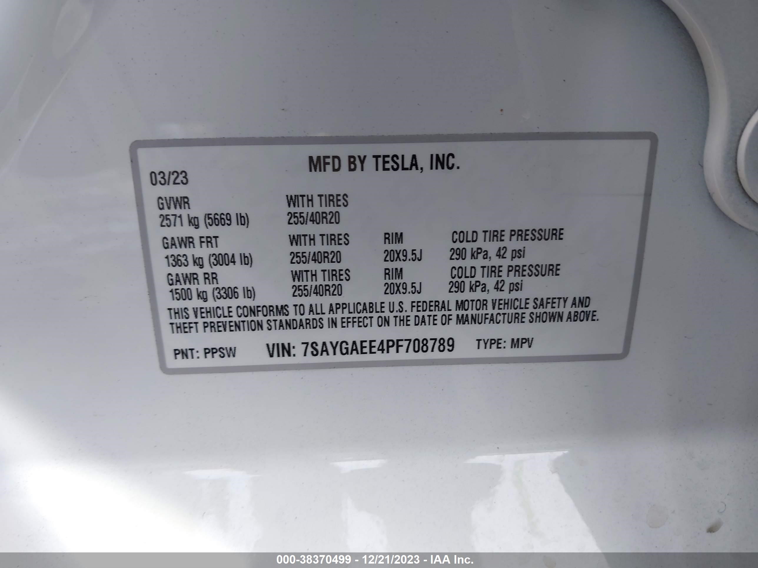 Photo 7 VIN: 7SAYGAEE4PF708789 - TESLA MODEL Y 