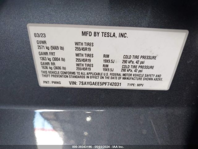 Photo 8 VIN: 7SAYGAEE5PF742031 - TESLA MODEL Y 