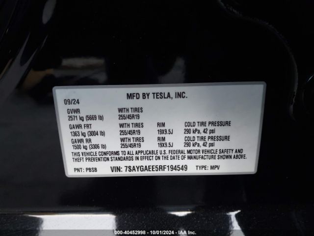 Photo 8 VIN: 7SAYGAEE5RF194549 - TESLA MODEL Y 