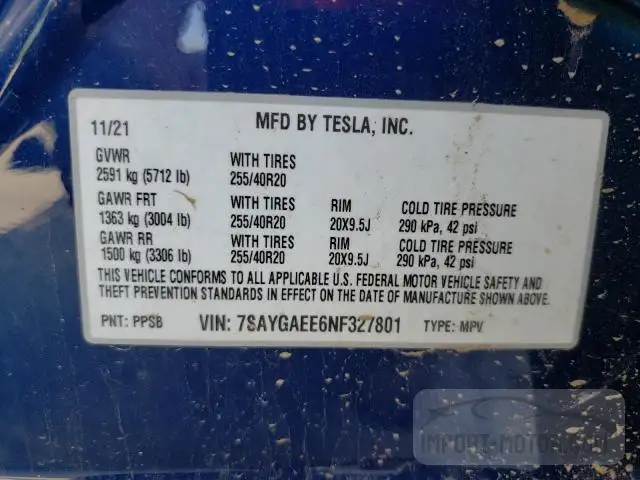 Photo 11 VIN: 7SAYGAEE6NF327801 - TESLA MODEL Y 