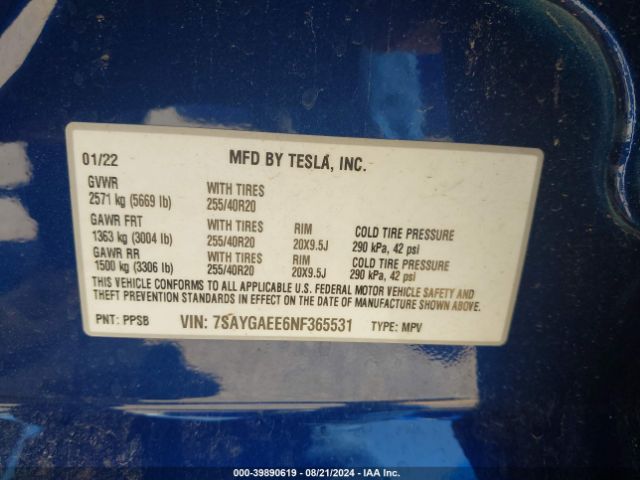 Photo 8 VIN: 7SAYGAEE6NF365531 - TESLA MODEL Y 