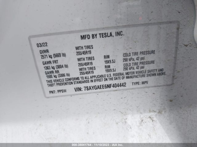 Photo 8 VIN: 7SAYGAEE6NF404442 - TESLA MODEL Y 