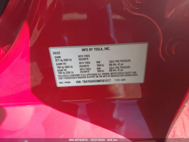 Photo 8 VIN: 7SAYGAEE6NF561517 - TESLA MODEL Y 