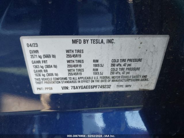 Photo 8 VIN: 7SAYGAEE6PF749232 - TESLA MODEL Y 