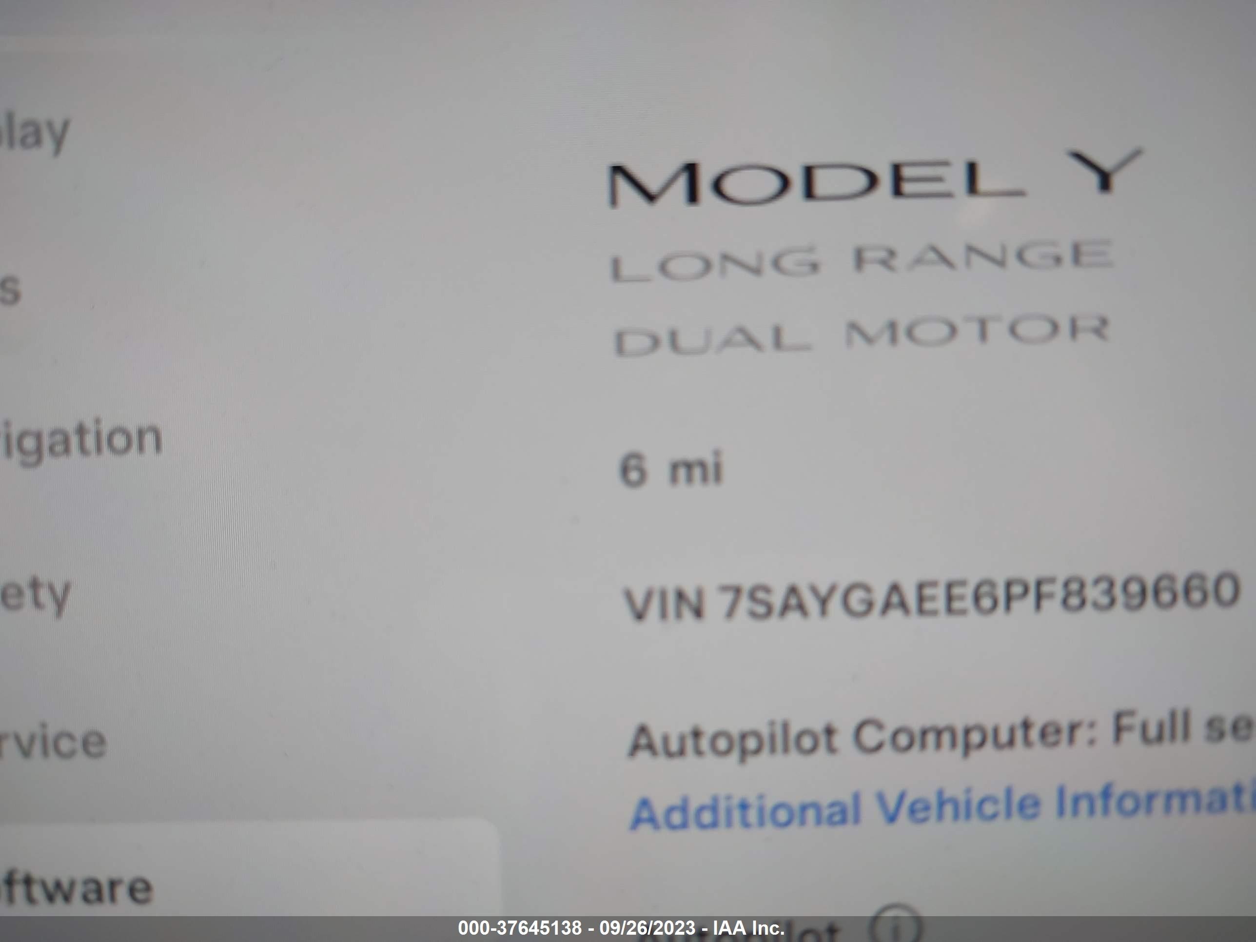 Photo 6 VIN: 7SAYGAEE6PF839660 - TESLA MODEL Y 