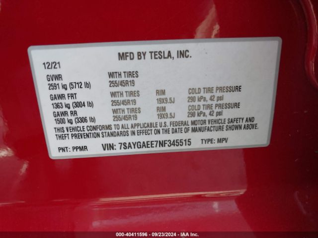 Photo 8 VIN: 7SAYGAEE7NF345515 - TESLA MODEL Y 