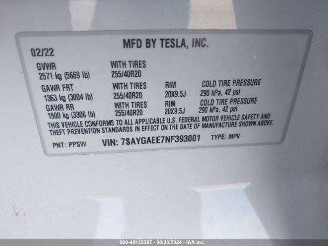 Photo 8 VIN: 7SAYGAEE7NF393001 - TESLA MODEL Y 