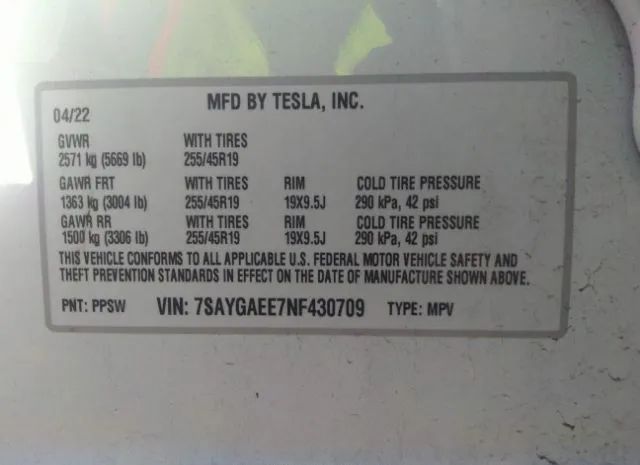 Photo 8 VIN: 7SAYGAEE7NF430709 - TESLA MODEL Y 