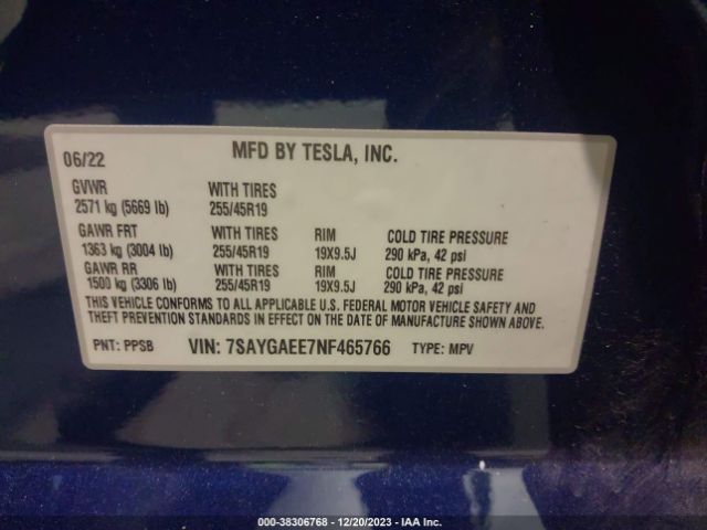 Photo 8 VIN: 7SAYGAEE7NF465766 - TESLA MODEL Y 