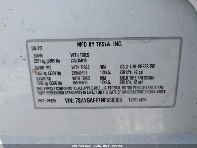 Photo 8 VIN: 7SAYGAEE7NF538005 - TESLA MODEL Y 