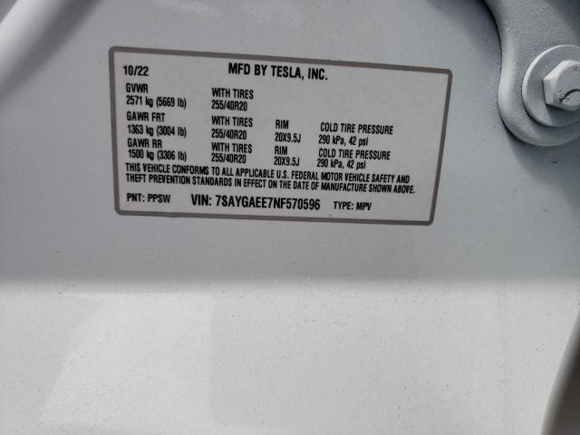 Photo 12 VIN: 7SAYGAEE7NF570596 - TESLA MODEL Y 