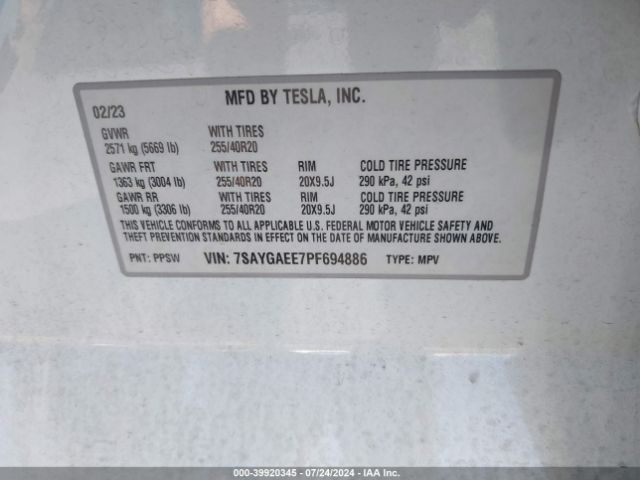 Photo 8 VIN: 7SAYGAEE7PF694886 - TESLA MODEL Y 