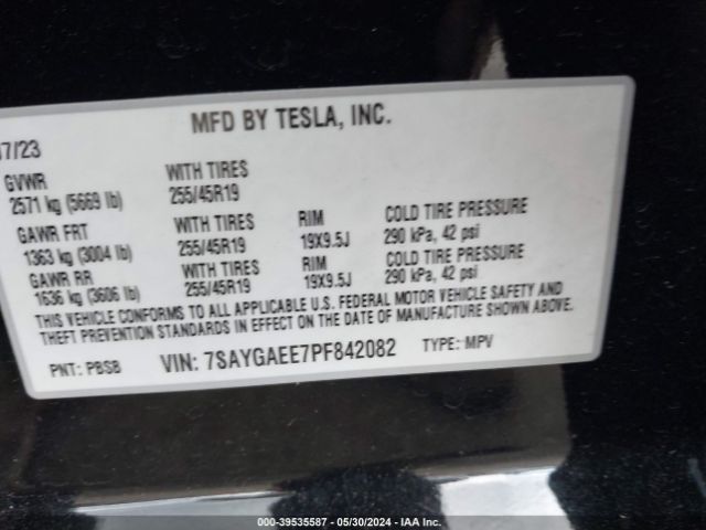 Photo 8 VIN: 7SAYGAEE7PF842082 - TESLA MODEL Y 