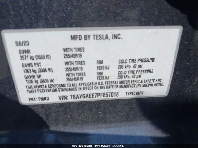 Photo 8 VIN: 7SAYGAEE7PF857018 - TESLA MODEL Y 