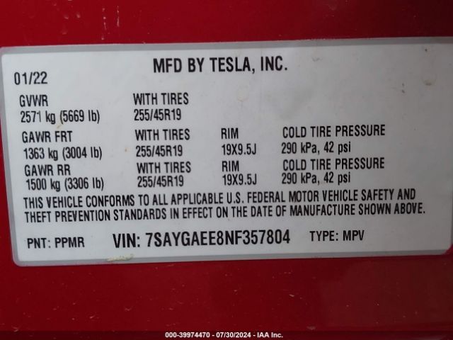 Photo 8 VIN: 7SAYGAEE8NF357804 - TESLA MODEL Y 