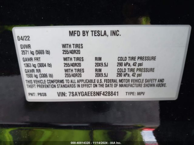 Photo 8 VIN: 7SAYGAEE8NF428841 - TESLA MODEL Y 