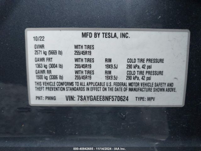 Photo 8 VIN: 7SAYGAEE8NF570624 - TESLA MODEL Y 