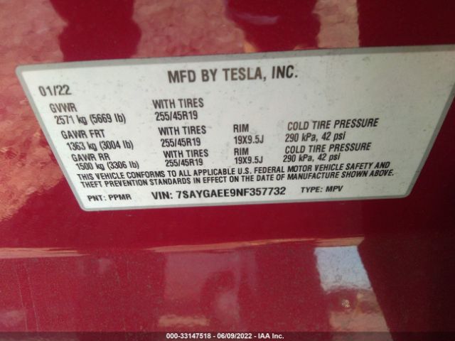 Photo 8 VIN: 7SAYGAEE9NF357732 - TESLA MODEL Y 