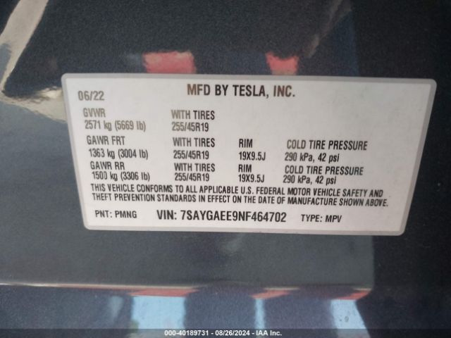 Photo 8 VIN: 7SAYGAEE9NF464702 - TESLA MODEL Y 