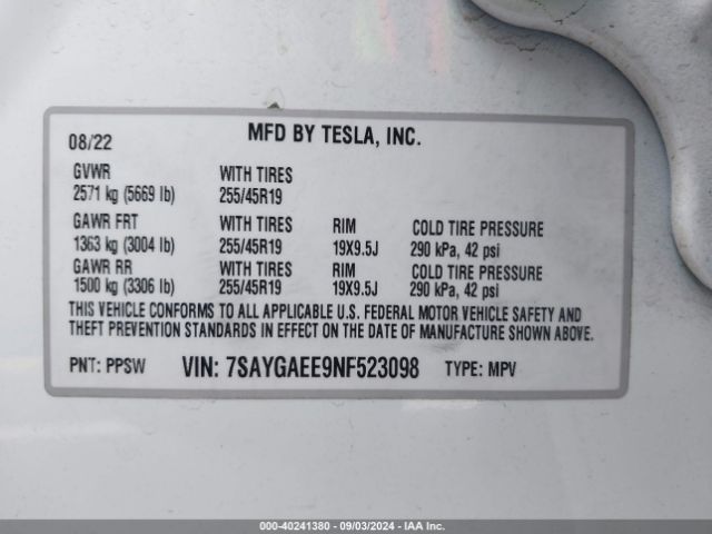 Photo 8 VIN: 7SAYGAEE9NF523098 - TESLA MODEL Y 